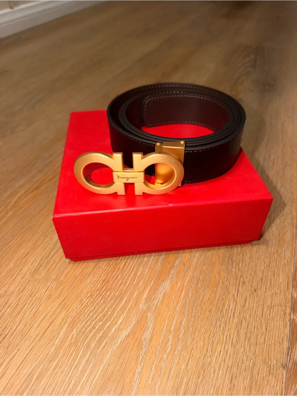 Salvatore Ferragamo Black Leather Belt with Gold Gancini Buckle